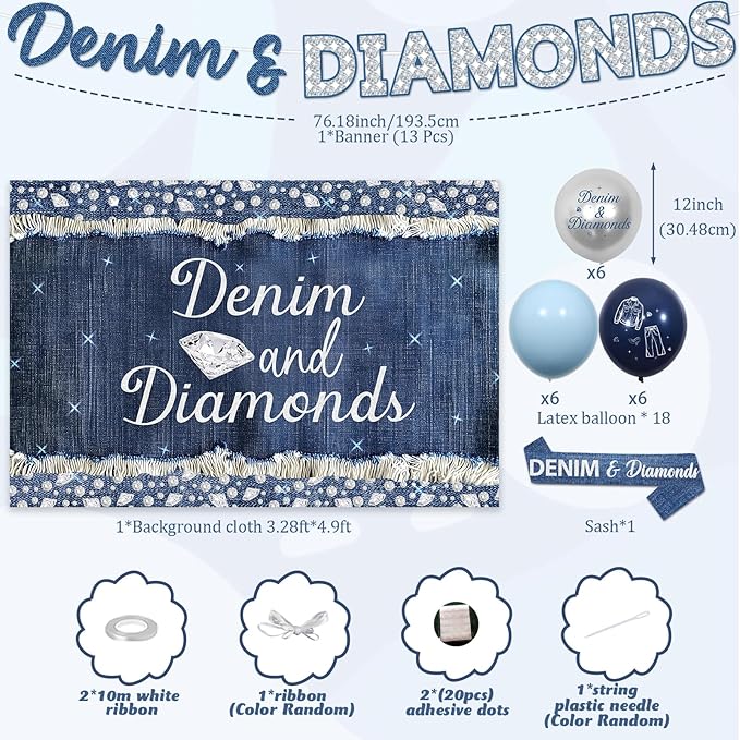 Denim and Diamonds Party Decorations Denim and Diamonds Backdrop Banner Sash with Blue Silver Balloons for Women Girls Birthday Bachelorette Party Bridal Shower Wedding Supplies