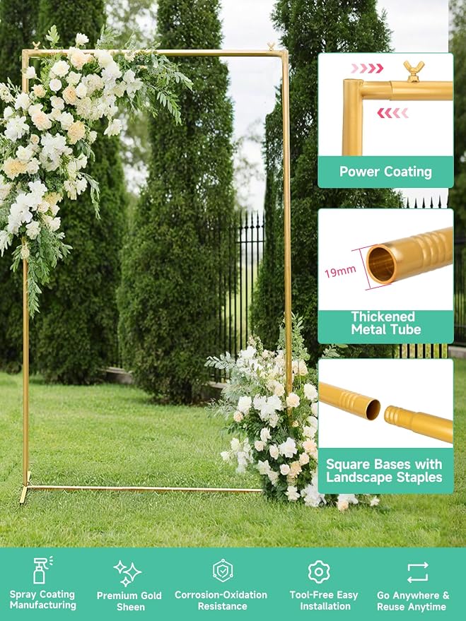 Gold Wedding Arch Backdrop Stand, 6.6 * 3.3FT Square Backdrop Stand Balloon Flower Metal Frame for Ceremony, Anniversary, Party, Birthday,Baby Shower Photo Booth Decoration
