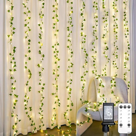 suddus 300 LED Vines with Lights Plug in, 9.8ft x 9.8ft Fairy Lights with Vines, Ivy Curtain Lights for Wall, Bedroom, Dorm, Wedding, Party, Indoor, Outdoor Decor(Warm White)