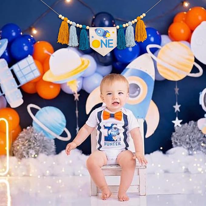 Gostman Outer Space ONE High Chair Banner | First Trip Around The Sun Birthday Party Decorations,Space Themed First Birthday Highchair Banner