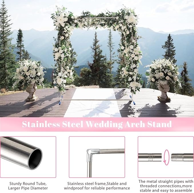 Wedding Arch Backdrop Stand,7x5 FT Metal Arch Backdrop Stand for Ceremony, Stainless Steel Square Backdrop Stand for Parties,Wedding,Birthday,Anniversary,Baby Shower,Garden Decorations