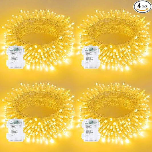 4 Pack String Lights Battery Operated with Timer, 66FT 200 LED Waterproof Battery Twinkle Lights, 8 Modes Fairy Light for Indoor & Outdoor Party Bedroom Porch Tree Christmas Decorations (Warm White)