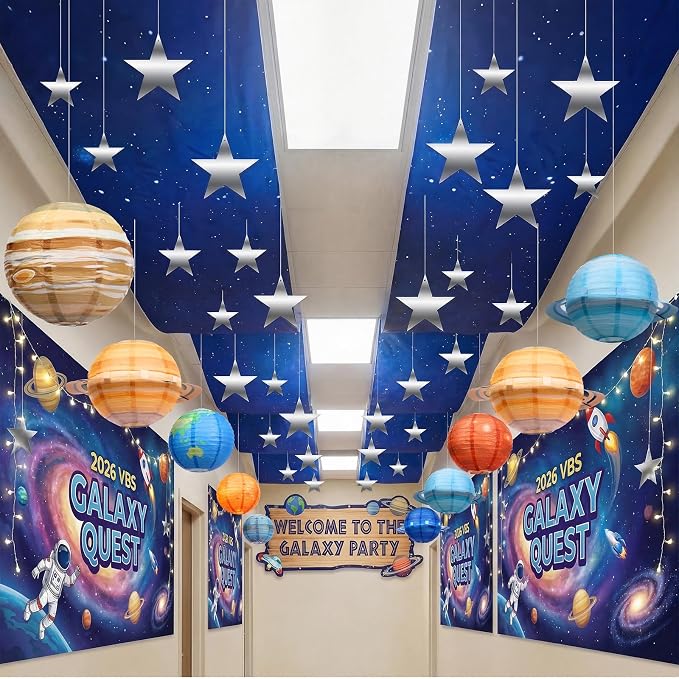 45 Pcs 2026 Space Celing Decoration for Classroom 24" x 13ft Galaxy Hanging Backdrop, Star Hanging Ornament, Solar System Paper Lanterns, Hooks for Kids Birthday VBS School Party Decor