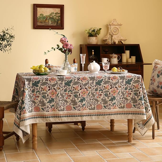 ISAENNE Designer Boho Floral Square Tablecloth,Linen Lotus Flower Pattern Colorful Indoor Table Cloth,Durable Decor Tablecloths for Dining Thanksgiving Kitchen Christmas,67"*67"-Hazel A