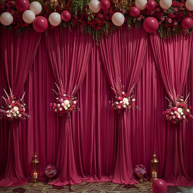 Burgundy Backdrop Curtains - 8 Panel Wrinkle-Free Polyester Photography Drapes for Baby Shower & Birthday Party - 32 X 10FT