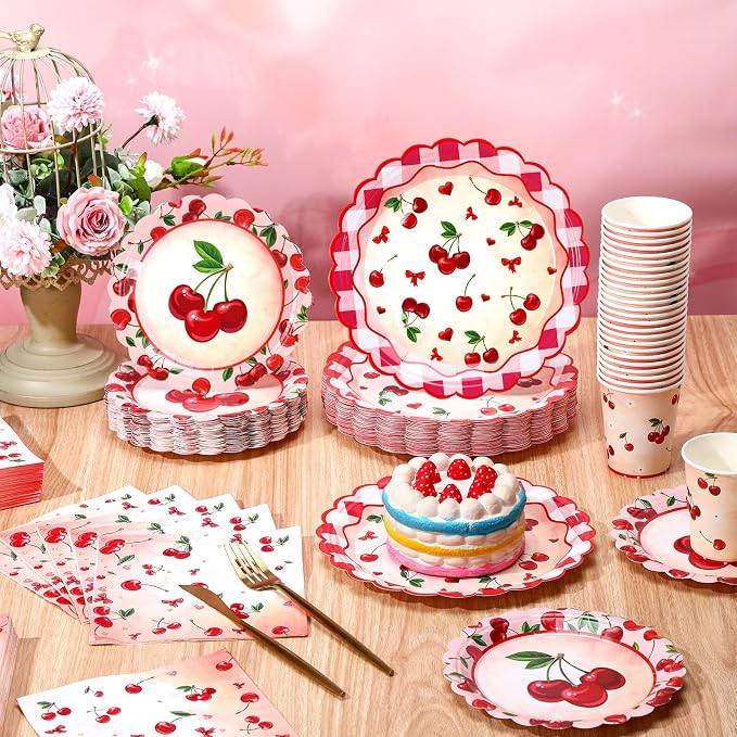 Domensi 250 Pcs Baby Shower Decorations for Girls Cherry Bridal Shower Party Supplies Paper Plates Napkins Cups Tableware Set for 50 Guests She's the Cherry on Top Birthday Party Supplies for Wedding