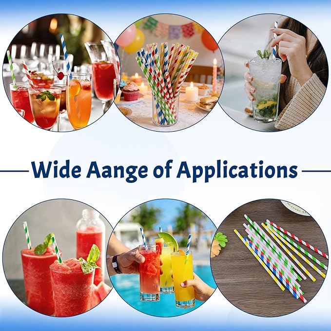 100PCS Biodegradable Paper Straws Bulk, Assorted Rainbow Colors Striped Drinking Straws for Juice, shakes, Cocktail, Coffee,Soda, Milkshakes, Smoothies,Celebration Parties and Arts Crafts Projects