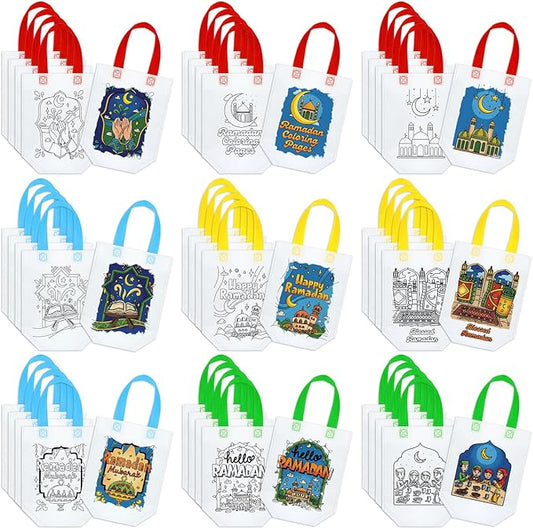 Kacctyen 45 Pcs Ramadan Coloring Goodie Bags Reusable Art Party Favor Paint Bags for Kids Eid Ramadan Mubarak Theme Make Your Own Bag Graffiti Goodie Bag, 9 Styles