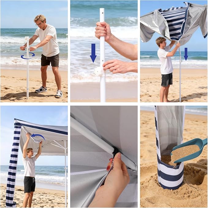Jihfmo 8x8 Ft Large Beach Cabana Tent, UPF 50+ 99.9% UV Block, 6-8 People | 300D Polyester, Silver Coating Keeps Cool, Windproof, Easy Setup — 64 Sq Ft Family Sun Shelter for Beach, Camping & Backyard