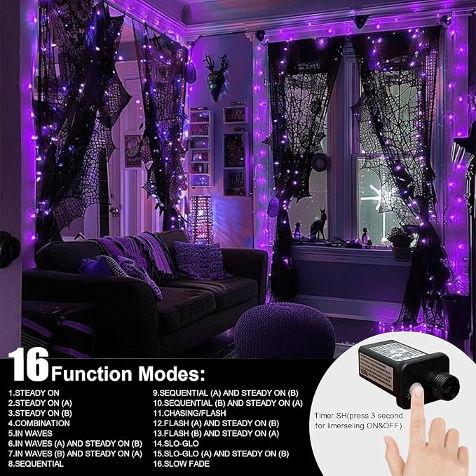 LAMPHOME 66FT 200LED Purple String Lights, 16 Modes Deep-Violet Purple LED Lights, Indoor Outdoor Christmas Lights Plug in, Halloween String Lights for Tree Bedroom Garden Yard Xmas Party Decor