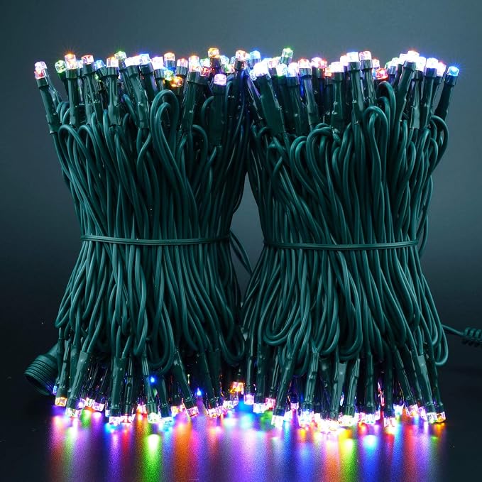 YULETIME 300 Multicolor String Lights, 100 ft 8 Models Green Wire 5mm LED | Wide Angle Bulbs, Safe 29V Adapter, Multimode Lighting, Connectable, 100' Total Length, 1-Strand 300 Lights, 4" Spacing