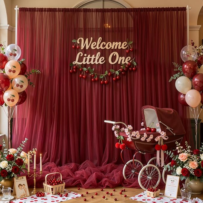 20x10ft Burgundy Tulle Backdrop Curtain for Parites, Sheer Photo Backdrop Drapes for Wedding Baby Shower Boy Shower Birthday Party Photo Shoot Background Decorations