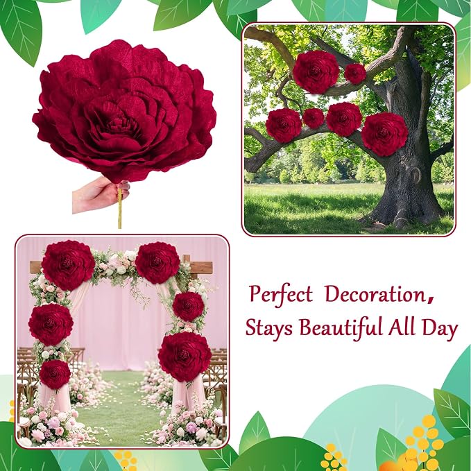 Norme 3 Pcs Artificial Giant Flowers for Decoration 12, 16, 20 Inch Wedding Large Rose Petals Giant Flowers Large Burgundy Red Rose for Home Decor, Anniversary Birthday Valentine's Day