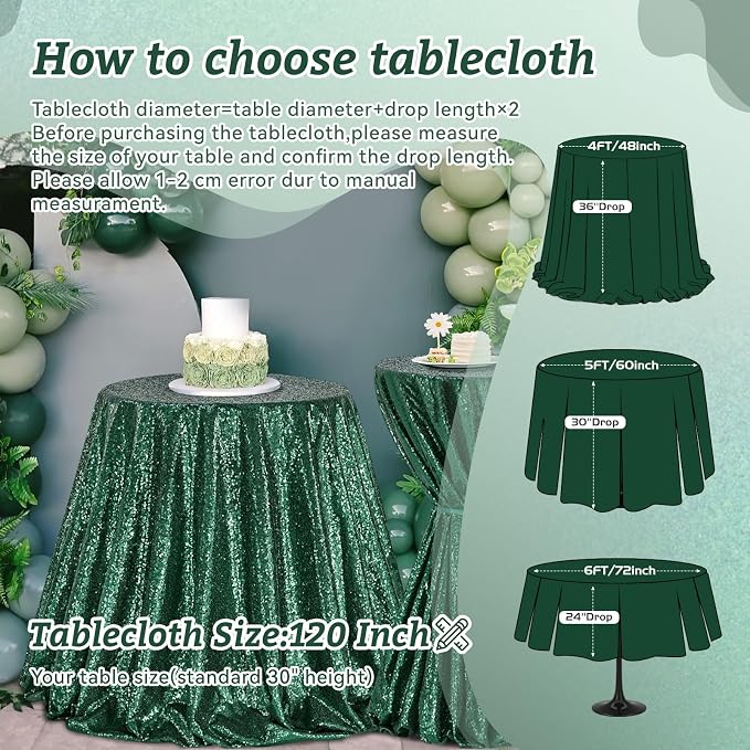 B-COOL Round Sequin Tablecloth Party Decor: 120 Inch Table Cloth Emerald Green Glitter Fabric Overlay for Indoor Outdoor Dining Parties Home St. Patrick's Day
