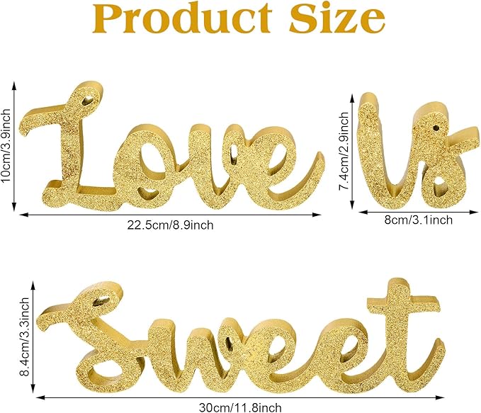 Love Is Sweet Table Decor Hollow Sign Wooden Love Is Sweet Sign for Dessert Table Freestanding Wood Is Wooden Letter Top for Wedding Shelf(Glitter Gold)