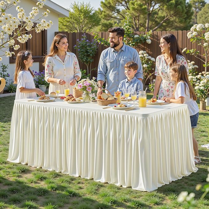PARTISKY 6 Pack Ivory Tablecloths for Rectangle Tables 6ft, Wrinkle Resistant Spandex Table Cover Fitted Stretch Table Cloth with Pleated Ruffle Skirts for Party Banquet Dining Birthday Wedding