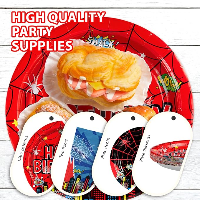 Grencian 96Pcs Cartoon Spider Birthday Party Decorations Red Blue Spider Birthday Plates and Napkins Disposable Hero Paper Tableware Set for Kids Baby Shower Super Theme Party Supplies, Serves 24
