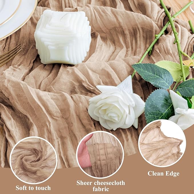 Wokceer Cheesecloth Table Runner Nude Brown 10FT Boho Gauze Cheese Cloth Table Runner for Party Long Rustic Sheer Table Runners for Baby Bridal Shower Wedding Easter Table Decor