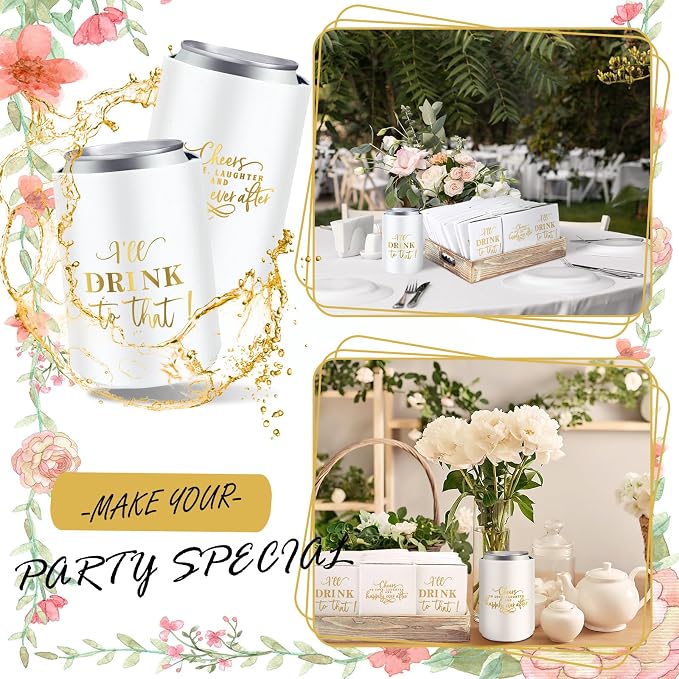 SiliFine 101 Pcs White Wedding Can Cooler Bulk Engagement Party Favors for 100 Guests Cheers to Love Laughter, and I'll Drink Can Cooler with Wooden Wedding Table Sign Bridal Shower Favor