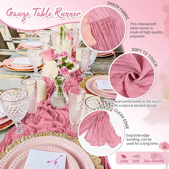 30 Pack Dusty Rose Cheesecloth Table Runner 17 x 108 inch Boho Gauze Table Runner Rustic Sheer Cheese Cloth Table Decorations for Wedding Party Baby Bridal Shower Birthday Holiday Home