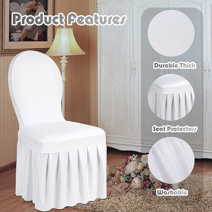 Oudain 10 Pcs White Chair Covers with Skirt Spandex Chair Slip Covers Wedding Long Stretch Protectors Removable and Washable for Dining Chairs Hotel and Wedding Ceremony