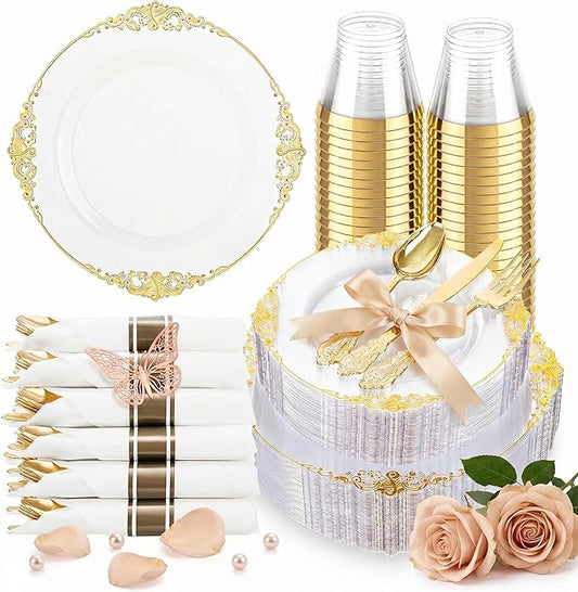 Hioasis 175pcs Clear and Gold Plastic Plates - Elegant Disposable Dinnerware Set Suitable for 25 Guests Include 10.25" Dinner & 7.5" Dessert Plates, Pre Rolled Silverware Set, Cups for Party & Wedding
