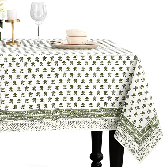 CPC Lotus Meadow Tablecloth 100% Cotton 72x160 Inch Indian Block Print Rectangle Table Cover, Table Cloth for Gifting in Weddings, Halloween, Fall, Christmas, Thanksgiving
