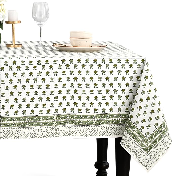 CPC Lotus Meadow Tablecloth 100% Cotton 60x90 Inch Indian Block Print Rectangle Table Cover, Table Cloth for Gifting in Weddings, Halloween, Fall, Christmas, Thanksgiving
