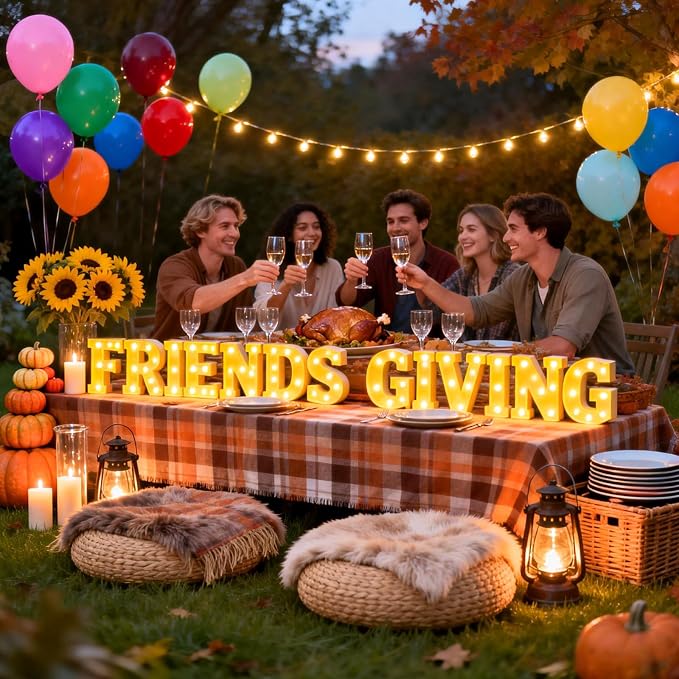 Friends Giving Party Decorations, Light up Letters Sign with 40 Round Pearlescent Balloons, Thanksgiving Led Marquee Lights Table Decoration for Friends Themed Party Fall Birthday Galentines Decor