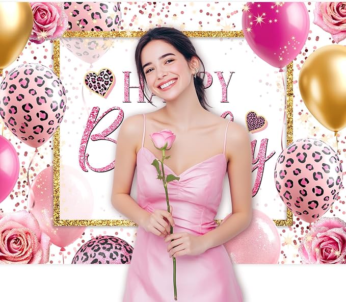 Happy Birthday Backdrop 7Wx5H Feet Polyester Fabric Pink Leopard Balloon Heart Elegant Flower Rose Plant Botanical Decoration Gold Glitter Girly Photography Background Photo Shoot Props