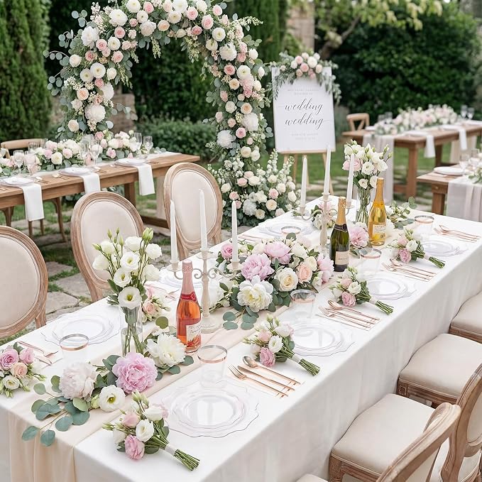 WDF 350Pcs Rose Gold Plastic Plates - Clear Rose Gold Disposable Plates 50Guest Plastic Dinnerware for Birthday/Wedding/Spring Party
