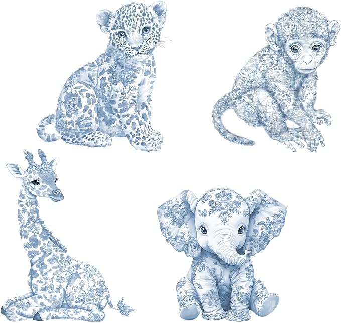 Honoson 4 Pcs 24.6" x 29.3" Large Blue Safari Toile De Jouy Baby Shower Decoration Cardboard Cutouts, Blue Floral Jungle Animal Yard Signs Standee for Wild One Birthday Party Supplies Gender Reveal