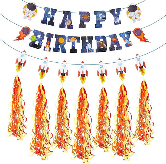 Space Themed Happy Birthday Party Decorations Include Happy Birthday Banner Astronaut Rocket and Tail of Fire Hanging Swirl Tassels Hanging Streamer Decor Space Party Decorations