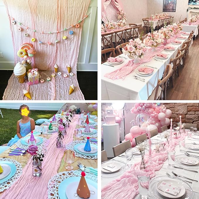 6 Pack Light Pink Table Runner Cheese Cloth Summer Rustic Sheer Gauze Cheesecloth Table Runner 120 Inch 10 FT for Wedding Baby Shower Bridal Shower Party Home Decorations
