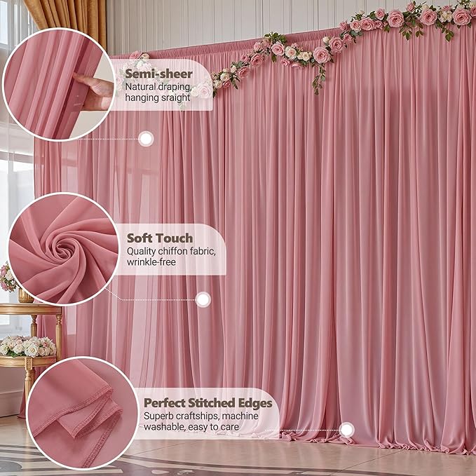 20ft x 10ft Dusty Rose Backdrop Curtains, Wrinkle-Free Sheer Chiffon Fabric Photo Backdrop Drapes for Wedding Arch Party Ceremony Stage Photography Birthday Decorations