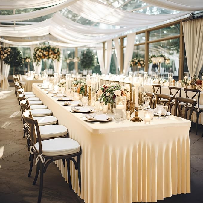 Wish Care 6 Pack Champagne Spandex Table Clothes for 6 Foot Rectangle Tables, 6FT Wrinkle Free Fitted Tablecloths Ruffles Design Table Cover for Party, Banquet, Wedding and Events