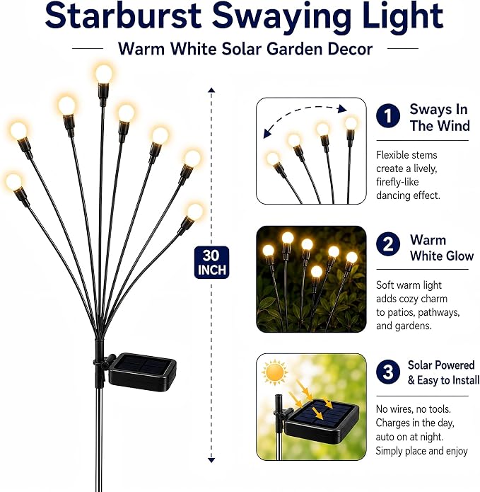 TONULAX Solar Garden Lights - 8 Pack Upgraded Solar Swaying Light, Sway by Wind, Outdoor Lights, Yard Patio Pathway Decoration, High Flexibility Iron Wire & Heavy Bulb Base, Warm White
