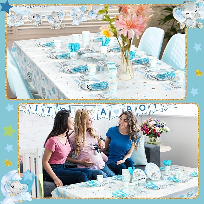 405 Pcs Blue Elephant Theme Baby Shower Decorations, It's a Boy Theme Baby Shower Tableware Set Plates Napkins Cup Cutlery, Elephant Party Supplies with Tablecloth Banner, Serves 50 Guests
