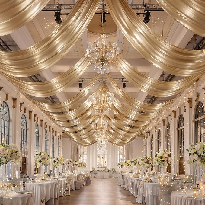 10ftx40ft Champagne Gold Ceiling Curtain for Wedding Parties – 2 Panels Wrinkle-Free 40 FT Long Tent Draping Curtains for Wedding, Birthday & Theme Parties, 40ft Height with Rod Pocket