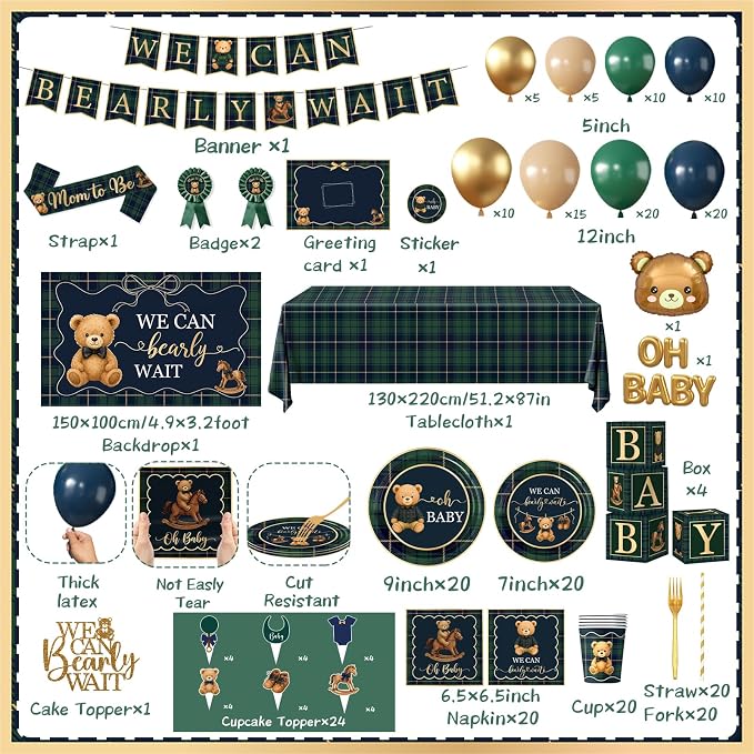 Bear Baby Shower Decorations,Tartan Plaids Bear Baby Shower Decoration Luxury Equestrian Vintage Bear Baby Shower Plates and Napkins,Balloons,Boxes,Caketoppers,Mom to Be Sash,Backdrop for Baby Shower