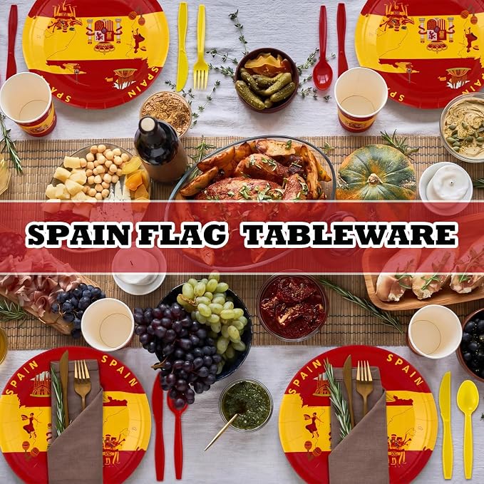 FoldTier 350 Pcs Spain Flag Party Supplies Disposable Spanish Flag Paper Plates and Napkins Spanish National Day Tableware for Country Decoration Patriotic Festival Party Supplies, Serves 50