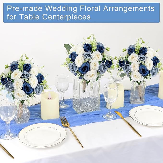 Bridesmaid Bouquets for Wedding - 7 Inch Artificial Flower Bouquet for Party Ceremony Anniversary Dinning Table Centerpieces Decor -Navy Blue & Dusty Blue & White
