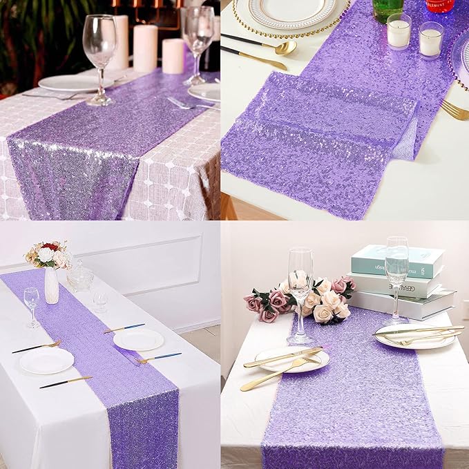 12 Packs Sequin Table Runner Glitter Dining Table Runner for Birthday Wedding Engagement Bridal Baby Shower Bachelorette Holiday Celebration Party Supplies Decorations (12" x 108", Lavender)