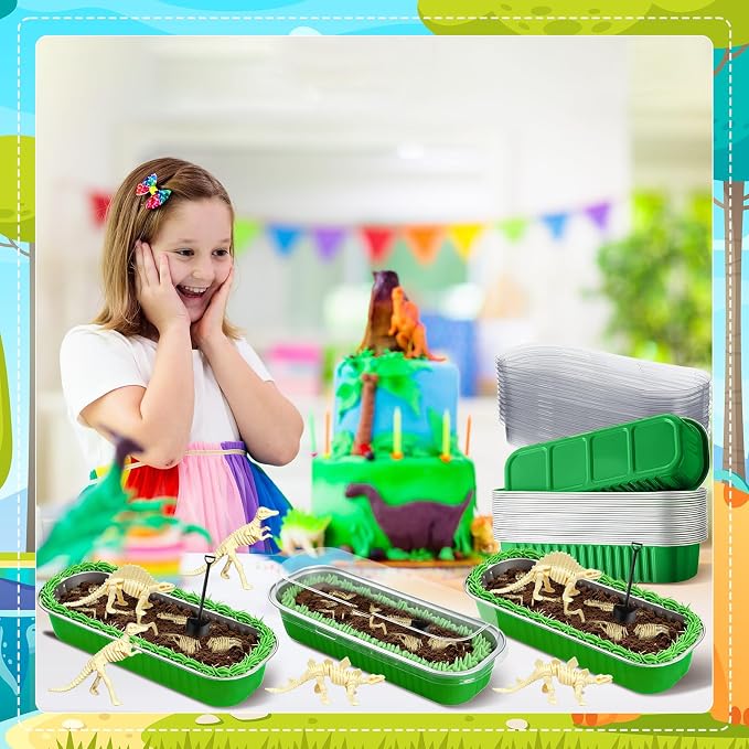24 Set Dinosaur Fossil Skeleton Cake Toppers Dig Kit Mini Baking Pans with Lids and Shovel Spoons Desserts Tray for Baby Shower DIY Dinosaur Cake Decorations Dino Birthday Party Supplies