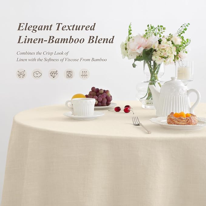Linen World Round Linen Blend Tablecloth 90" Inch,Linen Loook Soft Cool & Breathable,Machine Washable Natural Table Cloth for Dining, Kitchen, Outdoor, Easter-Sand Beige