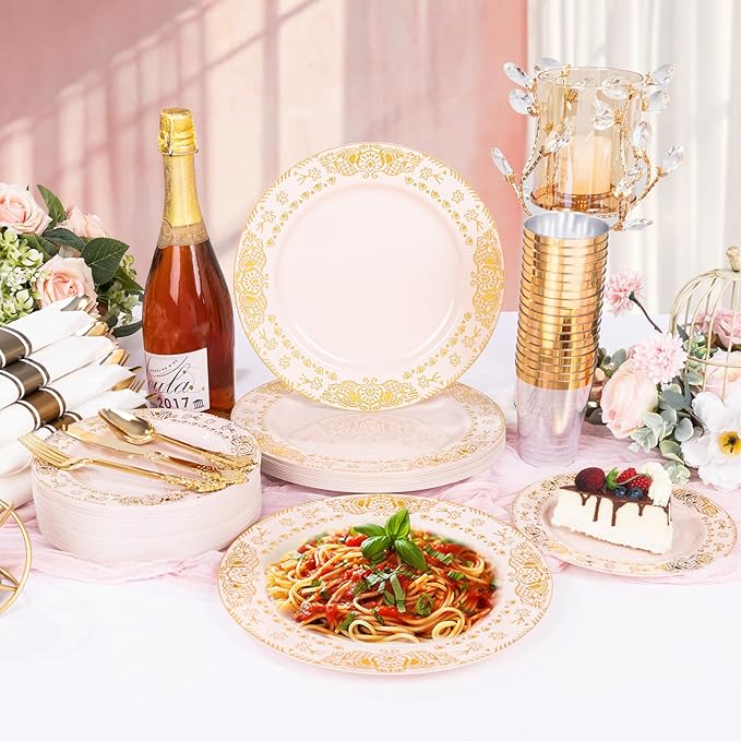 GATHER 350PCS Pink and Gold Plastic Plates - Gold Disposable Dinnerware Set Include 50 Dinner Plates, 50 Dessert Plates, 150 Plastic Silverware, 50 Napkins, 50 Cups for Wedding & Mother's Day