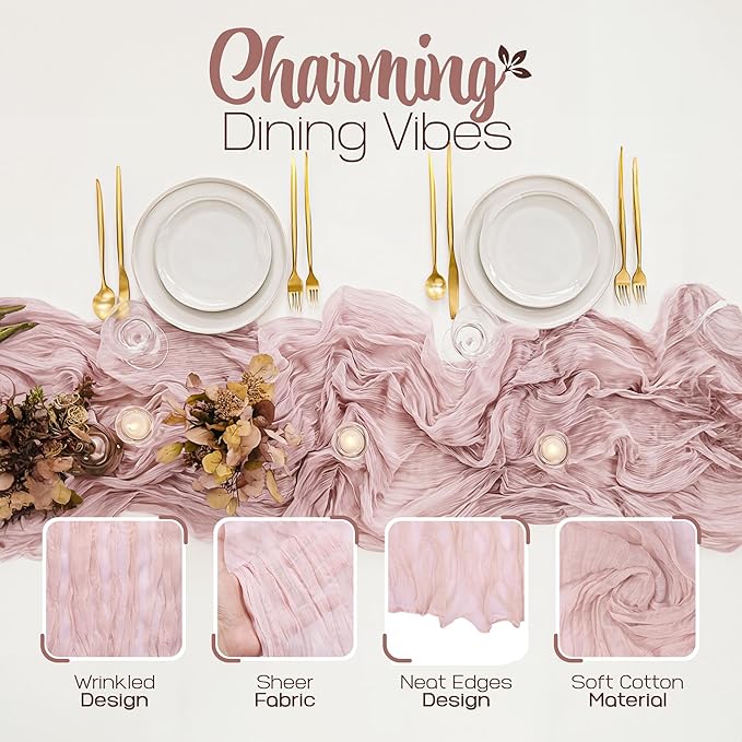 12 Pack Dusty Pink Cheesecloth Table Runners 10FT Long – 35 x 120 Inch Boho Gauze Table Runners for Engagement, Wedding, Baby Shower & Home Decor – Soft Wrinkled Polyester Fabric
