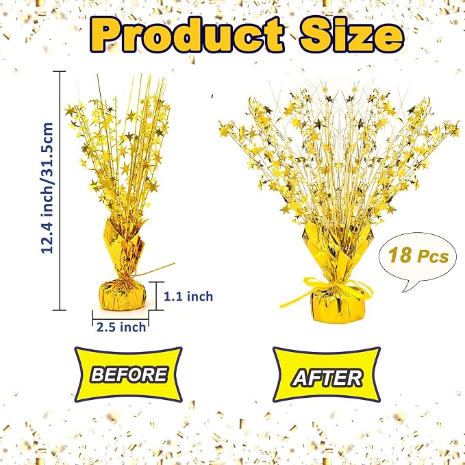 FUBININA 18 Pack Metallic Foil Spray Centerpiece Star Table Decoration Burst Glitter Tabletop Centerpieces for Birthday Christmas New Years Nye Wedding Graduation Holiday Party Supplies Decor, Gold