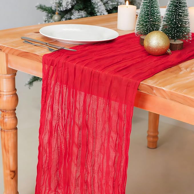 Snowkingdom 10 Ft Red Valentine's Day Cheesecloth Table Runner, 120 inch Long Boho Gauze Runner for Wedding Bridal Baby Shower Birthday Holiday Table Decorations