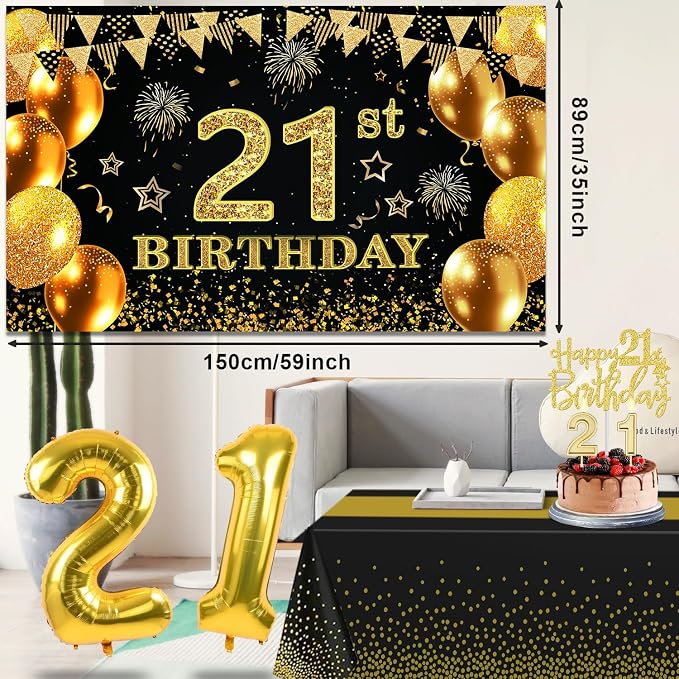 21st Birthday Decorations for Him Her with Banner, Black and Gold Table Cloth, Number Balloons, Large 21st Birthday Sash, Cake Topper and Candles